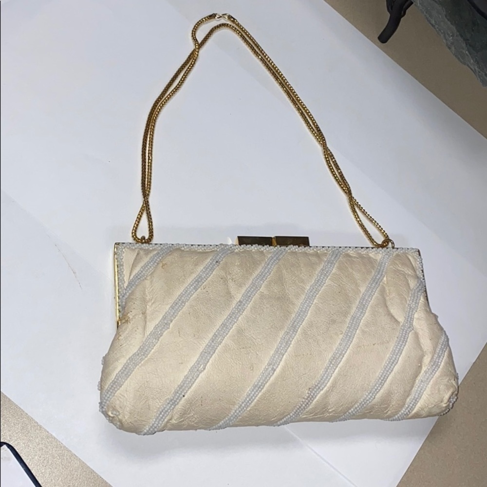 Walborg White Leather and Beaded Shoulder Clutch